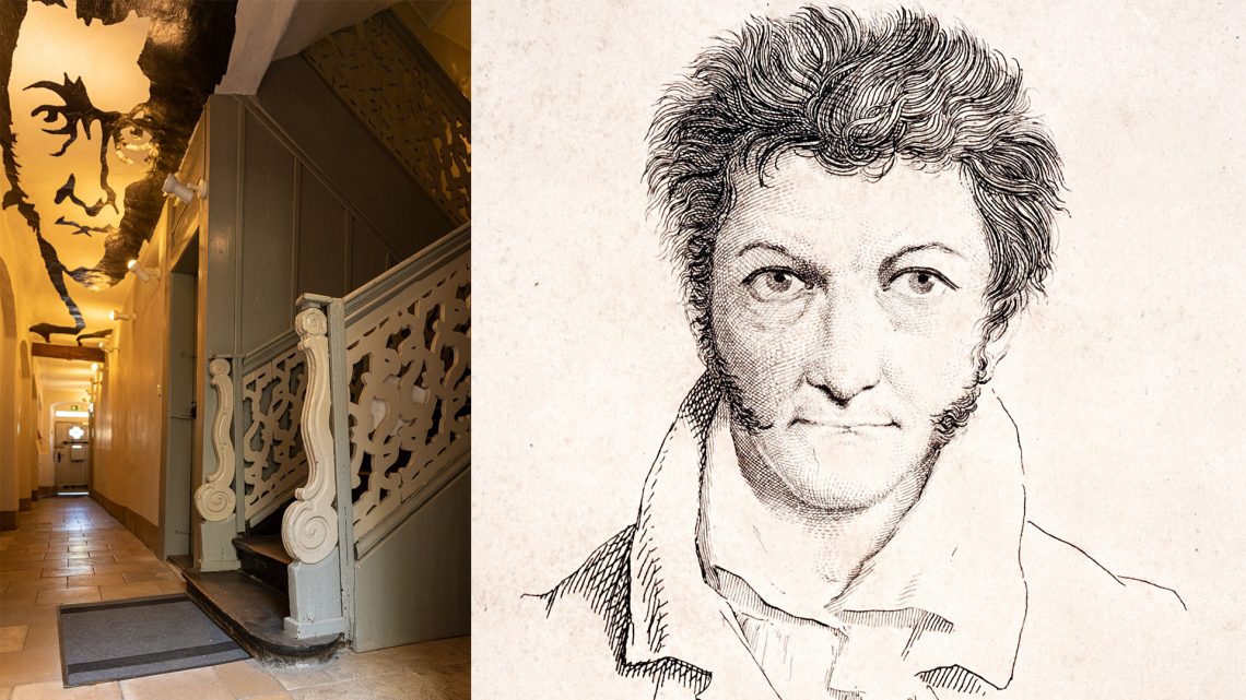 Erdgeschoss, Innenansicht, Foto: Quelle: Lara Müller / Stiftungsmanagement, Kupferstich von Karl Ludwig Bernhard Buchhorn nach der eigenen Zeichnung Hoffmanns mit den Lebensdaten, Staatsbibliothek Bamberg, Foto: Gerald Raab