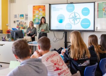 Schulworkshops in Bamberg stärken Medienkompetenz 13 Lioba Stadler und Julie Noe besprechen mit der 9. Klasse der Mittelschule Stegaurach wichtige Leitlinien für konstruktive Diskussionen in Demokratien. Quelle: Landratsamt Bamberg / Bria
