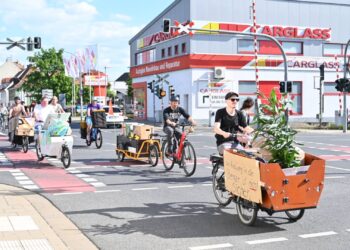 Mehrere Dutzend Menschen kamen, um die voll beladenen Lastenräder durch die Stadt zu fahren (hier ein Bild vom Laubanger). Quelle: Stadt Bamberg, Sonja Seufferth