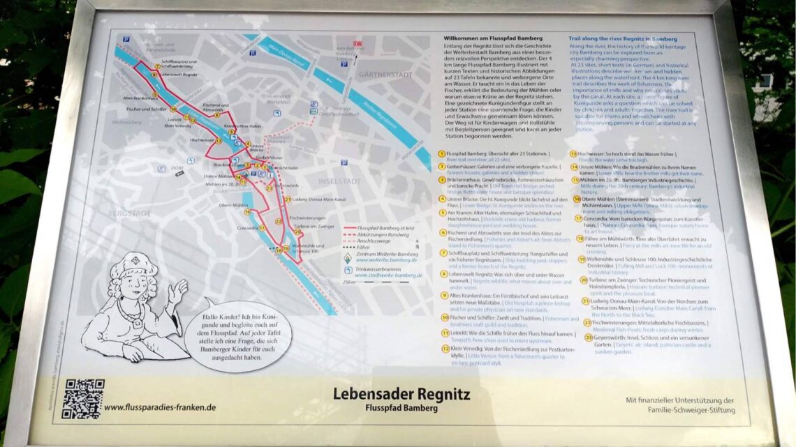 Auf der neuen Übersichtstafel des Flusspfades Bamberg ist der gesamte Pfad mit den 23 Tafeln übersichtlich dargestellt. Quelle: Bettina Fritzler