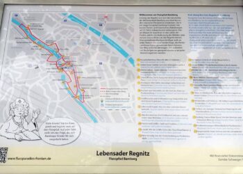 Auf der neuen Übersichtstafel des Flusspfades Bamberg ist der gesamte Pfad mit den 23 Tafeln übersichtlich dargestellt. Quelle: Bettina Fritzler