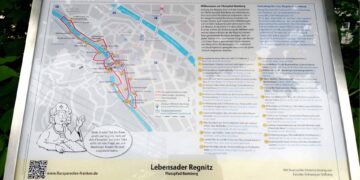 Auf der neuen Übersichtstafel des Flusspfades Bamberg ist der gesamte Pfad mit den 23 Tafeln übersichtlich dargestellt. Quelle: Bettina Fritzler