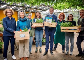 Bürgermeister Jonas Glüsenkamp und Lissy DörflerChrista vom Bund Naturschutz übergeben die Pflanzpakete an
Baumscheibenpatinnen und –paten. Quelle: Stadt Bamberg, Sonja Seufferth
