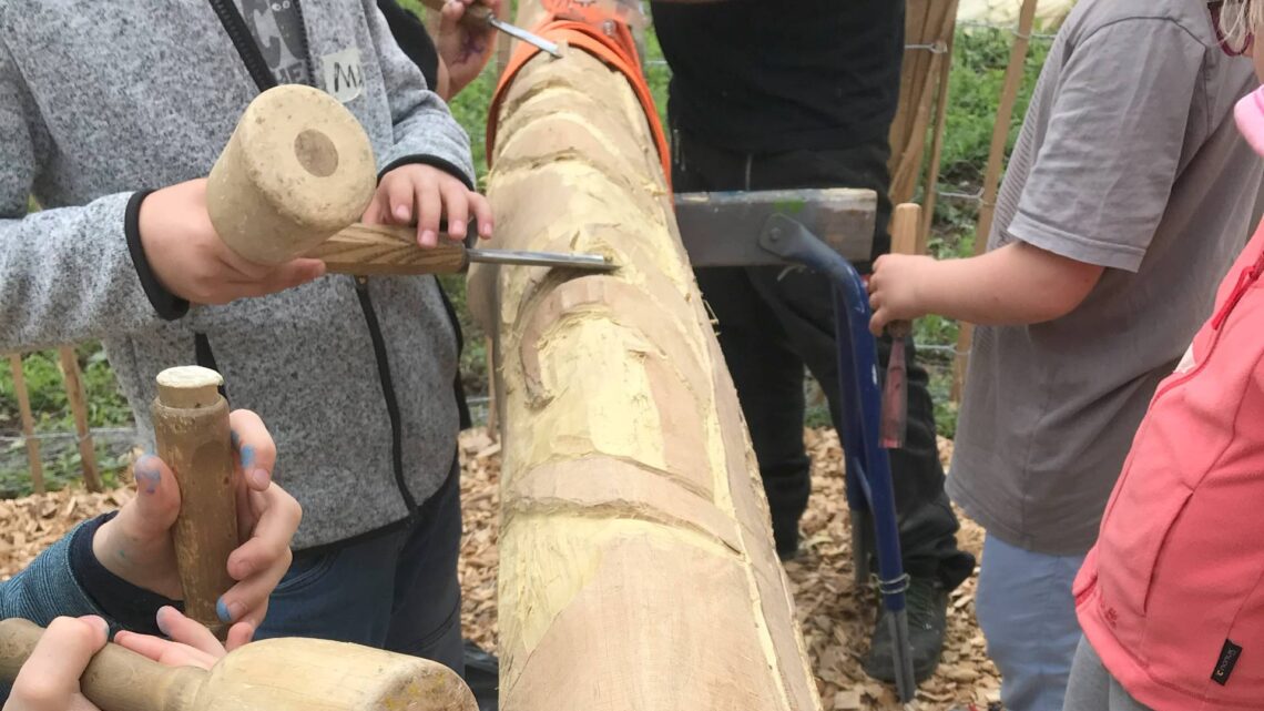 Beim 'Weltacker-Kunstcamp' gestalteten Kinder
Schilder, Wimpel und Holzstelen für den Eingangsbereich des neuen
Bildungs- und Begegnungsorts des BUND Naturschutz in der Südflur. Quelle: