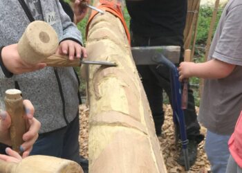 Beim 'Weltacker-Kunstcamp' gestalteten Kinder
Schilder, Wimpel und Holzstelen für den Eingangsbereich des neuen
Bildungs- und Begegnungsorts des BUND Naturschutz in der Südflur. Quelle: