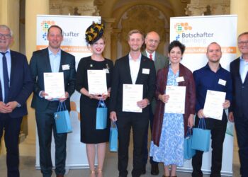 Die von Landrat Johann Kalb und Oberbürgermeister Andreas Starke neu ernannten Botschafterinnen und Botschafter (v. l.): Landrat Johann Kalb, Andreas Böhm, Christina Böhm, Simon Schulze, Hausherr Paul Graf von Schönborn-Wiesentheid, Nora Kovats, Alvaro-Luca Ellwart sowie Oberbürgermeister Andreas Starke. Quelle: Landratsamt Bamberg/Keis