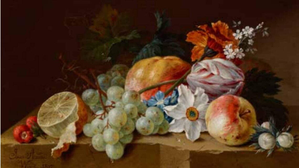 STILLLEBEN MIT FRÜCHTEN
UND BLUMEN -
Johann Amandus Winck (Wink)
(1748 Rottenburg am Neckar - 1817 München), Datiert 1807, signiert unten links Öl auf Holz,
Höhe: 20 cm, Breite: 32 cm Literatur: Horst Ludwig (Hg.):
Münchner Maler im 19. Jahrhundert, Bruckmanns Lexikon der Münchner Kunst,
Bd. 4, München 1983, S. 390-392, vgl. Nr. 580. Provenienz: Süddeutsche Privatsammlung. Quelle: Michael Aust