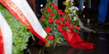 Auf dem Synagogenplatz findet anlässlich der
Reichspogromnacht am 9. November 1938 eine Gedenkfeier statt. Quelle: Stadt Bamberg, Sonja Seufferth