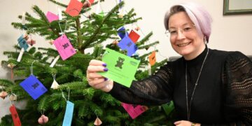 Simone Oswald von „Freund statt fremd“ beim
Schmücken des Geschenkbaums im Vorzimmer von
Oberbürgermeister Andreas Starke. Quelle: Pressestelle Stadt Bamberg, Anna Lienhardt