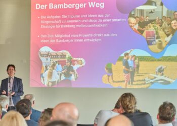 Smarte Projekte in Bamberg auf Kurs 11 Bei der Meilensteinfeier im Mai 2023 wurde der Start
der Umsetzungsphase gefeiert. Seitdem ist viel passiert, der aktuelle
Stadtratsbeschluss war ein weiterer Meilenstein! Quelle: Stadtarchiv Bamberg, Melina Knobloch