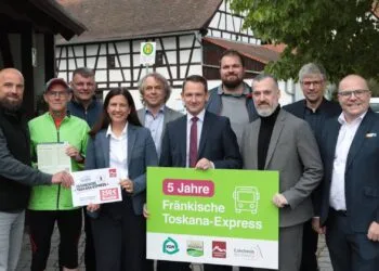 Fünf Jahre 'Fränkische Toskana Express' im Bamberger Land 11 An der Bushaltestelle in Rossdorf a. F. trafen sich die Akteure der Freizeitlinie 'Fränkische Toskana Express' zum Austausch und Netzwerken (v. l. ): Matthias Helldörfer (Geschäftsführer Tourismuszentrale Fränkische Schweiz), Wolfgang Desel (Erster Bürgermeister Gemeinde Strullendorf), Christian Sauer (Inhaber Brauerei Sauer Rossdorf a.F.), Bianca Müller (Tourismusmanagerin Fränkische Toskana), Ulrich Büscher (Werbung/Freizeit VGN), Landrat Johannes Maciejonczyk (Landkreis Bamberg), Dennis Flach (Fachbereichsleitung ÖPNV, Landratsamt Bamberg), Markus Wörner (Leiter Kommunikation und Service VGN), Rainer Keis (Wirtschaftsförderung, Landratsamt Bamberg), Matthias Deuber (Erster Bürgermeister Gemeinde Litzendorf). (Foto: Daniel Nagel)