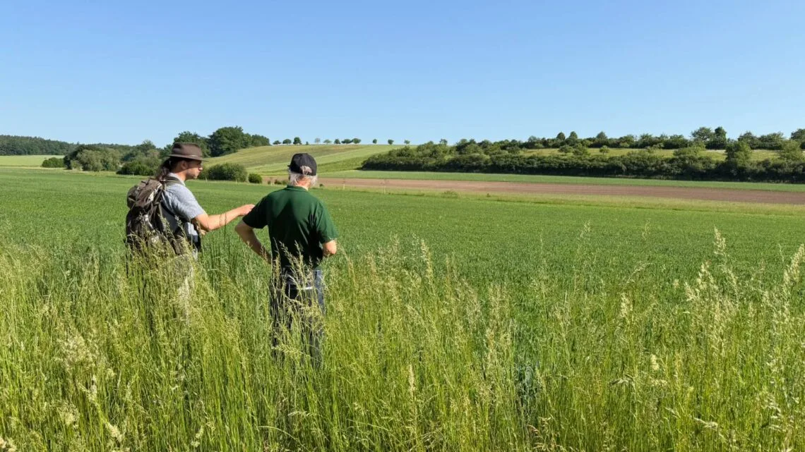 Feldvogelschutz im Bamberger Land: Gemeinsam für mehr Artenvielfalt 10 Dr. André Maslo (links) und Öko-Landwirt Hans Jürgen Mohl im Gespräch im Rahmen der Exkursion (Quelle: Landratsamt Bamberg / Nastvogel)