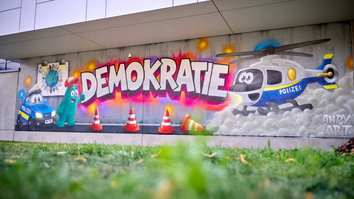 Demokratie sichtbar machen: Das fertige Graffiti an der Fassade
der Polizeiinspektion Bamberg-Stadt bleibt als dauerhaftes Zeichen
für Demokratie, Respekt und Menschenwürde im Stadtbild erhalten.
Entstanden ist das Gemeinschaftswerk im Rahmen der Partnerschaft
für Demokratie Bamberg in Kooperation mit der Graf-StauffenbergSchule, der Polizei und der Stadt Bamberg. Quelle: Sonja Seufferth, Stadt Bamberg