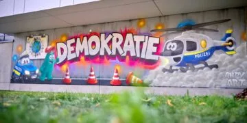 „Demokratie“ steht jetzt groß an der Polizeiinspektion Bamberg 12 Demokratie sichtbar machen: Das fertige Graffiti an der Fassade
der Polizeiinspektion Bamberg-Stadt bleibt als dauerhaftes Zeichen
für Demokratie, Respekt und Menschenwürde im Stadtbild erhalten.
Entstanden ist das Gemeinschaftswerk im Rahmen der Partnerschaft
für Demokratie Bamberg in Kooperation mit der Graf-StauffenbergSchule, der Polizei und der Stadt Bamberg. Quelle: Sonja Seufferth, Stadt Bamberg