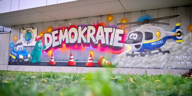Demokratie sichtbar machen: Das fertige Graffiti an der Fassade
der Polizeiinspektion Bamberg-Stadt bleibt als dauerhaftes Zeichen
für Demokratie, Respekt und Menschenwürde im Stadtbild erhalten.
Entstanden ist das Gemeinschaftswerk im Rahmen der Partnerschaft
für Demokratie Bamberg in Kooperation mit der Graf-StauffenbergSchule, der Polizei und der Stadt Bamberg. Quelle: Sonja Seufferth, Stadt Bamberg