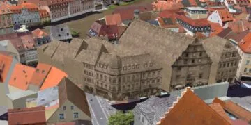 Bambergs digitaler Zwilling wird erlebbar 12 Geschichtsvermittlung mit dem Digitalen Zwilling –
der Bereich Obstmarkt im Wandel der Zeit. Quelle: Smart City Bamberg